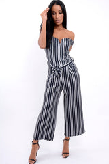 Black Stripe Bardot V Dip Jumpsuit - Lisah-Jumpsuits