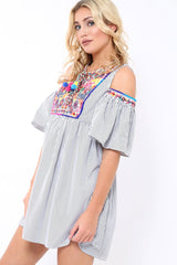 Black Stripe Cold Shoulder Shift Dress with Aztec Embroidery - Elodie-Dresses