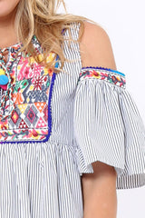 Black Stripe Cold Shoulder Shift Dress with Aztec Embroidery - Elodie-Dresses