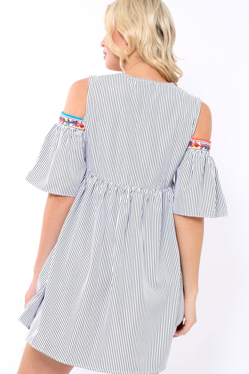 Black Stripe Cold Shoulder Shift Dress with Aztec Embroidery - Elodie-Dresses