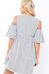 Black Stripe Cold Shoulder Shift Dress with Aztec Embroidery - Elodie-Dresses