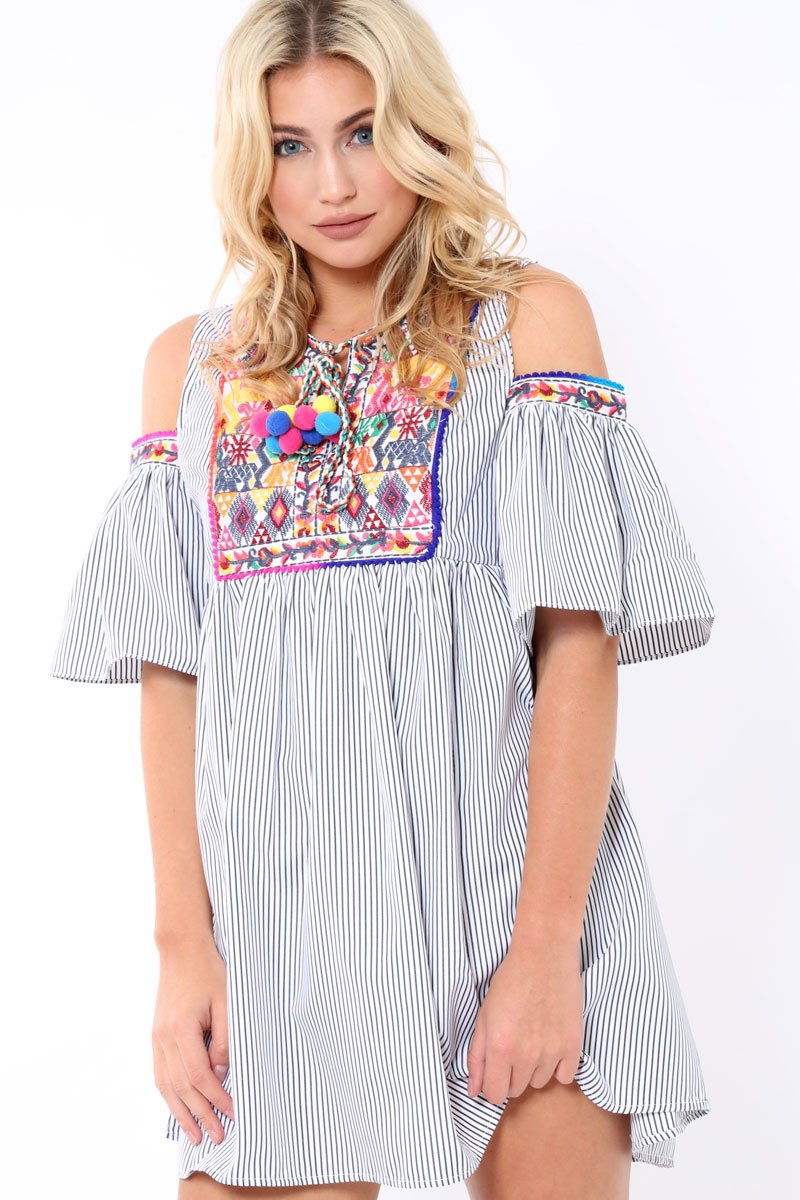 Black Stripe Cold Shoulder Shift Dress with Aztec Embroidery - Elodie-Dresses
