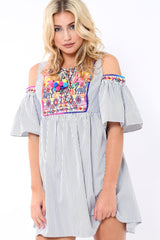 Black Stripe Cold Shoulder Shift Dress with Aztec Embroidery - Elodie-Dresses