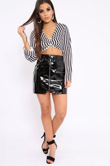 Black Stripe Knot Front Crop Top with Flare Sleeves - Jamison-Tops