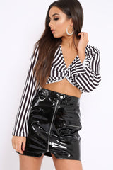 Black Stripe Knot Front Crop Top with Flare Sleeves - Jamison-Tops