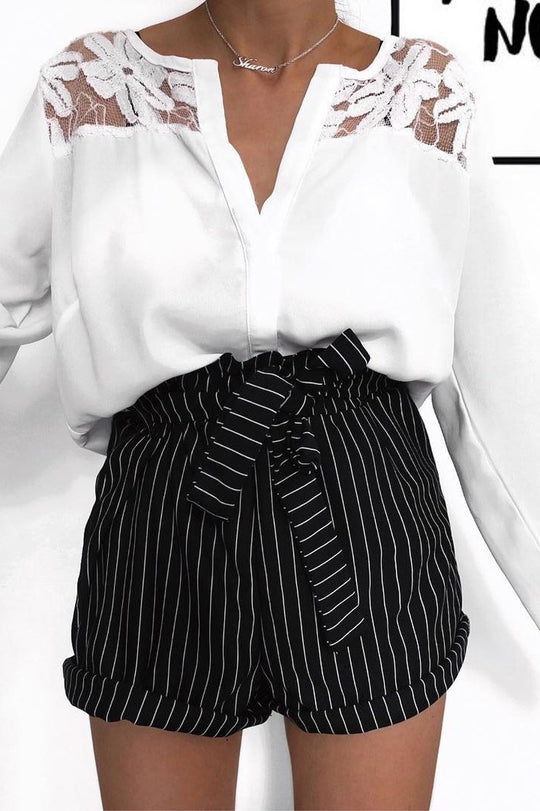 Black Stripe Paper Bag Shorts - Remii