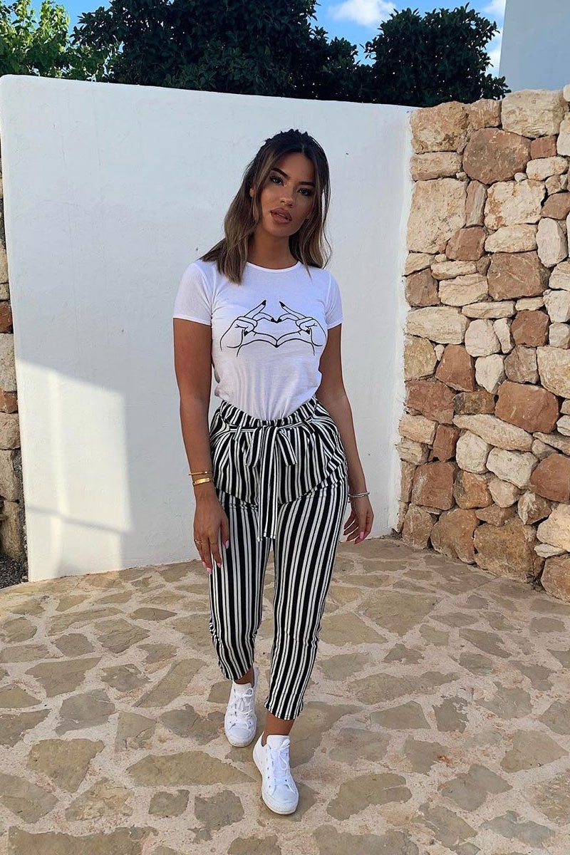 Black Stripe Paper Bag Tie Waist Cigarette Trousers - Shaya-Trousers