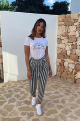 Black Stripe Paper Bag Tie Waist Cigarette Trousers - Shaya-Trousers