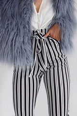 Black Stripe Paper Bag Tie Waist Cigarette Trousers - Shaya-Trousers