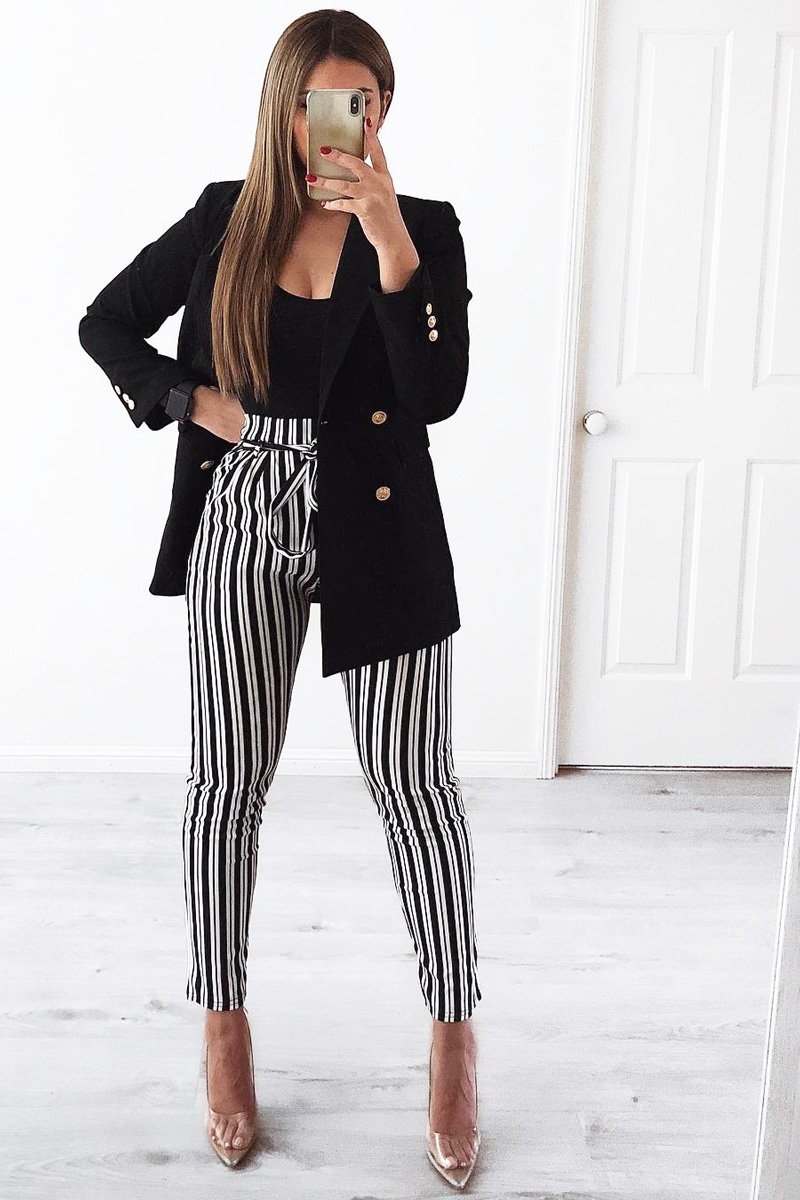 Black Stripe Paper Bag Tie Waist Cigarette Trousers - Shaya-Trousers
