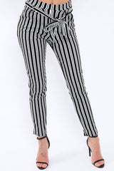 Black Stripe Paper Bag Tie Waist Cigarette Trousers - Shaya-Trousers