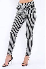 Black Stripe Paper Bag Tie Waist Cigarette Trousers - Shaya-Trousers