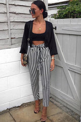 Black Stripe Paper Bag Tie Waist Cigarette Trousers - Shaya-Trousers