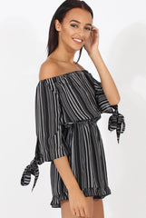 Black Stripe Pattern Bardot Playsuit - Katherine-Playsuits