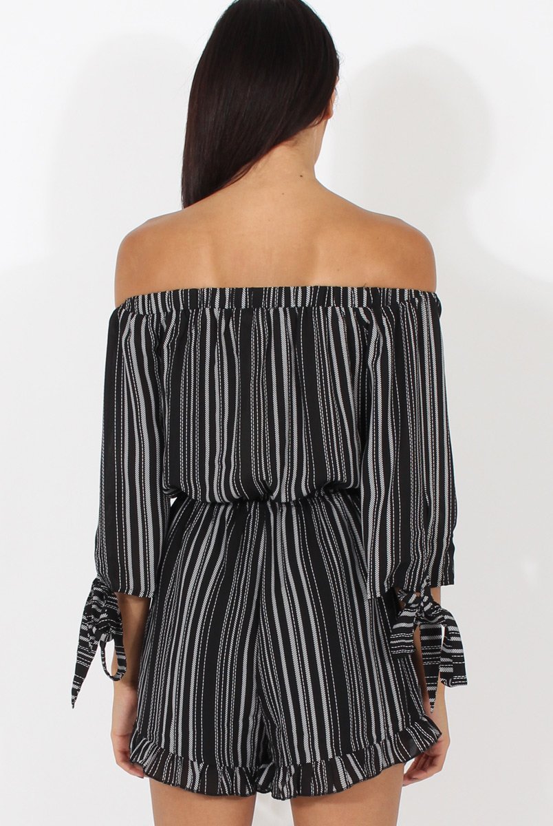 Black Stripe Pattern Bardot Playsuit - Katherine-Playsuits