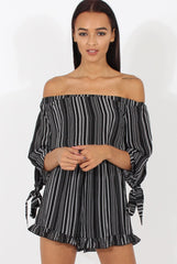 Black Stripe Pattern Bardot Playsuit - Katherine-Playsuits