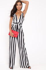 Black Stripe Plunge Jumpsuit - Gwyn-Jumpsuits
