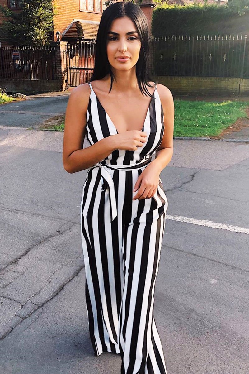 Black Stripe Plunge Jumpsuit - Gwyn-Jumpsuits