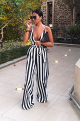 Black Stripe Plunge Jumpsuit - Gwyn-Jumpsuits