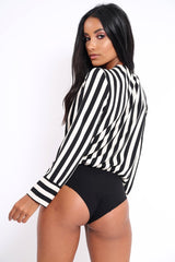 Black Stripe Plunge Satin Bodysuit - North-Bodysuits