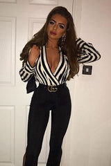 Black Stripe Plunge Satin Bodysuit - North-Bodysuits