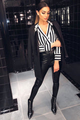 Black Stripe Plunge Satin Bodysuit - North-Bodysuits