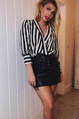 Black Stripe Plunge Satin Bodysuit - North-Bodysuits