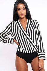 Black Stripe Plunge Satin Bodysuit - North-Bodysuits