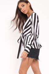 Black Stripe Plunge Tie Front Shirt - Halina-Shirts