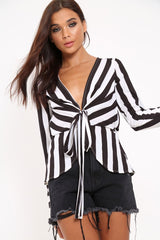 Black Stripe Plunge Tie Front Shirt - Halina-Shirts