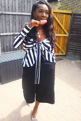 Black Stripe Plunge Tie Front Shirt - Halina-Shirts