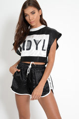 Black Stripe Shiny Crop Top And Shorts - Kahri-Co-ords