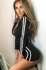 Black Stripe Side Zip Front Hooded Tennis Dress - Delila-Dresses