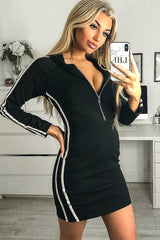 Black Stripe Side Zip Front Hooded Tennis Dress - Delila-Dresses