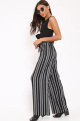 Black Stripe Wide Leg Beaded Tie Trousers - Haylie-Trousers