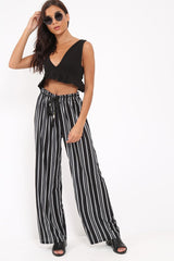 Black Stripe Wide Leg Beaded Tie Trousers - Haylie-Trousers