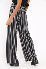 Black Stripe Wide Leg Beaded Tie Trousers - Haylie-Trousers