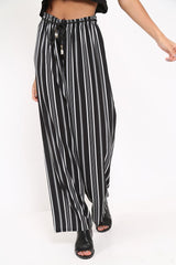 Black Stripe Wide Leg Beaded Tie Trousers - Haylie-Trousers