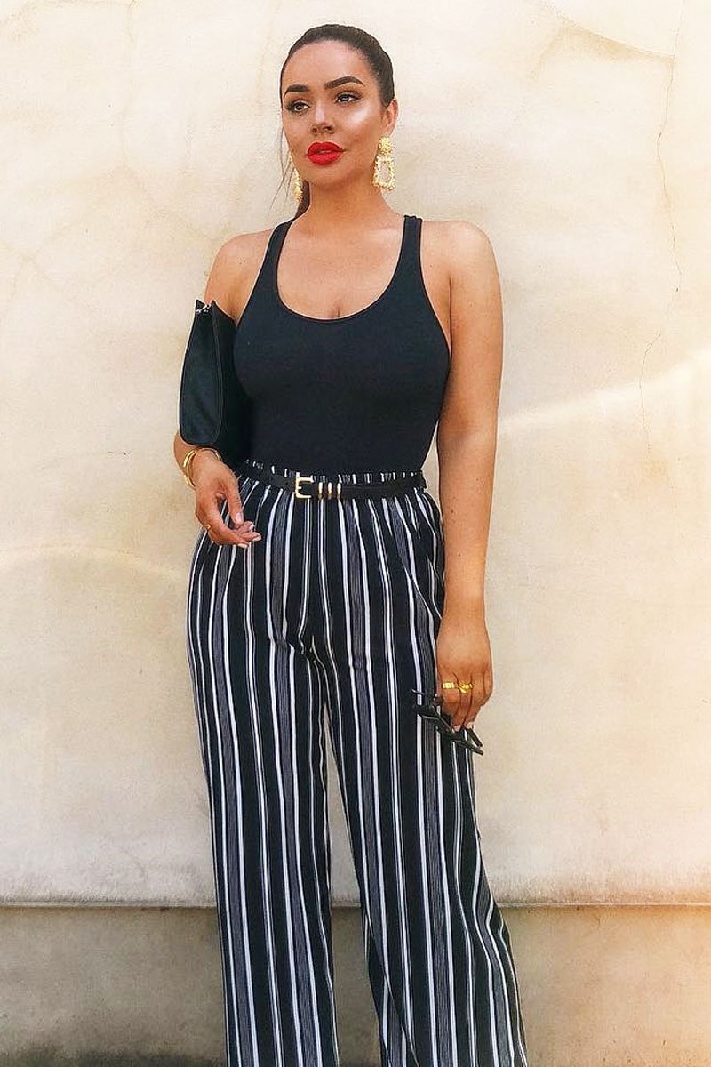 Black Stripe Wide Leg Beaded Tie Trousers - Haylie-Trousers
