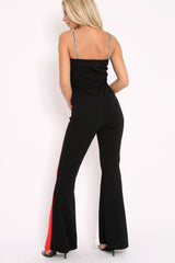 Black Stripe Wide Leg Plait Jumpsuit - Heather-Jumpsuits