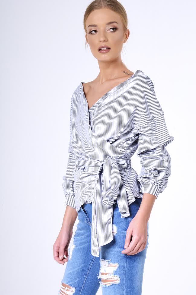 Black Stripe Wrap Around Tie Waist Top - Rhona-Tops
