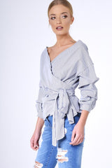 Black Stripe Wrap Around Tie Waist Top - Rhona-Tops