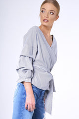 Black Stripe Wrap Around Tie Waist Top - Rhona-Tops