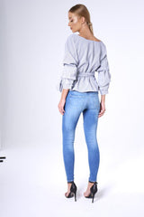 Black Stripe Wrap Around Tie Waist Top - Rhona-Tops