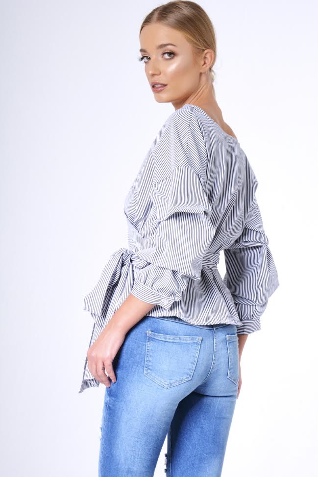 Black Stripe Wrap Around Tie Waist Top - Rhona-Tops