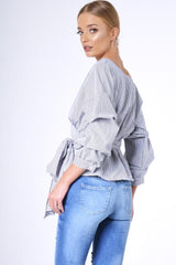 Black Stripe Wrap Around Tie Waist Top - Rhona-Tops