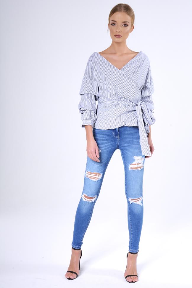 Black Stripe Wrap Around Tie Waist Top - Rhona-Tops