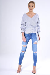 Black Stripe Wrap Around Tie Waist Top - Rhona-Tops