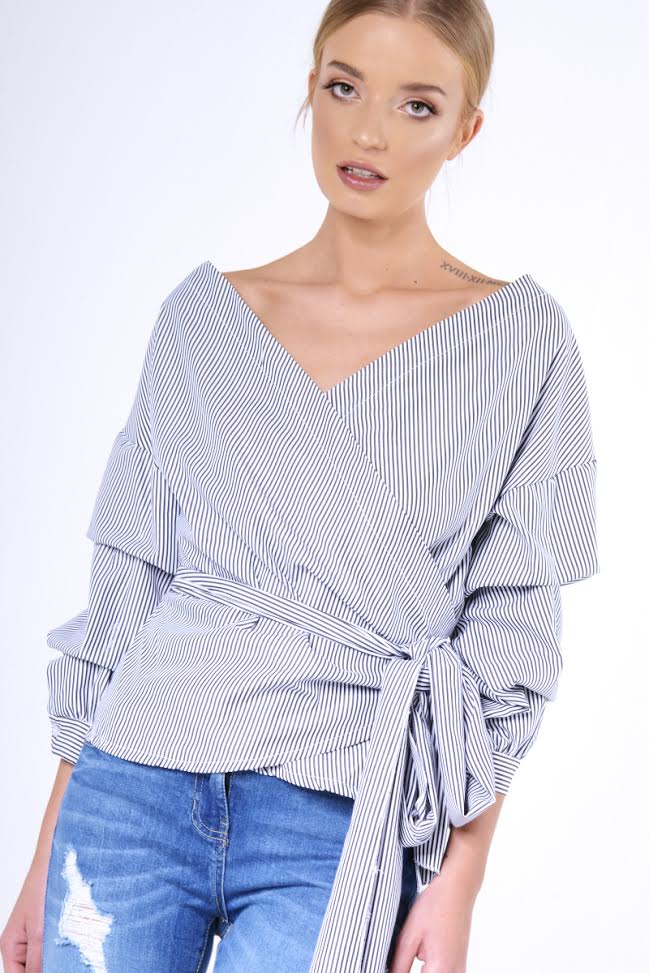 Black Stripe Wrap Around Tie Waist Top - Rhona-Tops