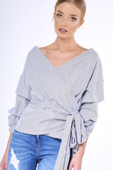 Black Stripe Wrap Around Tie Waist Top - Rhona-Tops